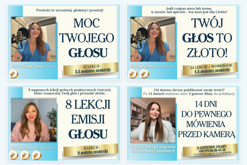 Cztery kursy Kingi Miśkiewicz: Moc Twojego Głosu, Twój Głos to Złoto, 8 lekcji emisji głosu i 14 dni do pewnego mówienia przed kamerą
